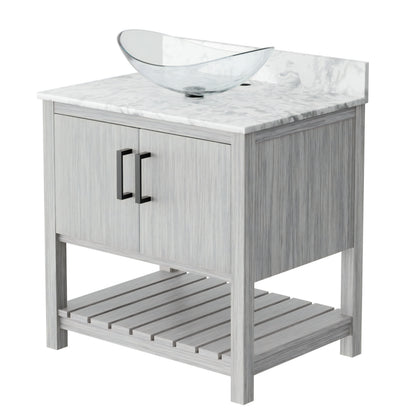 30-inch Novatto bath vanity with Carrara white marble counter and integrated sink, showcasing elegant bathroom accessory design.