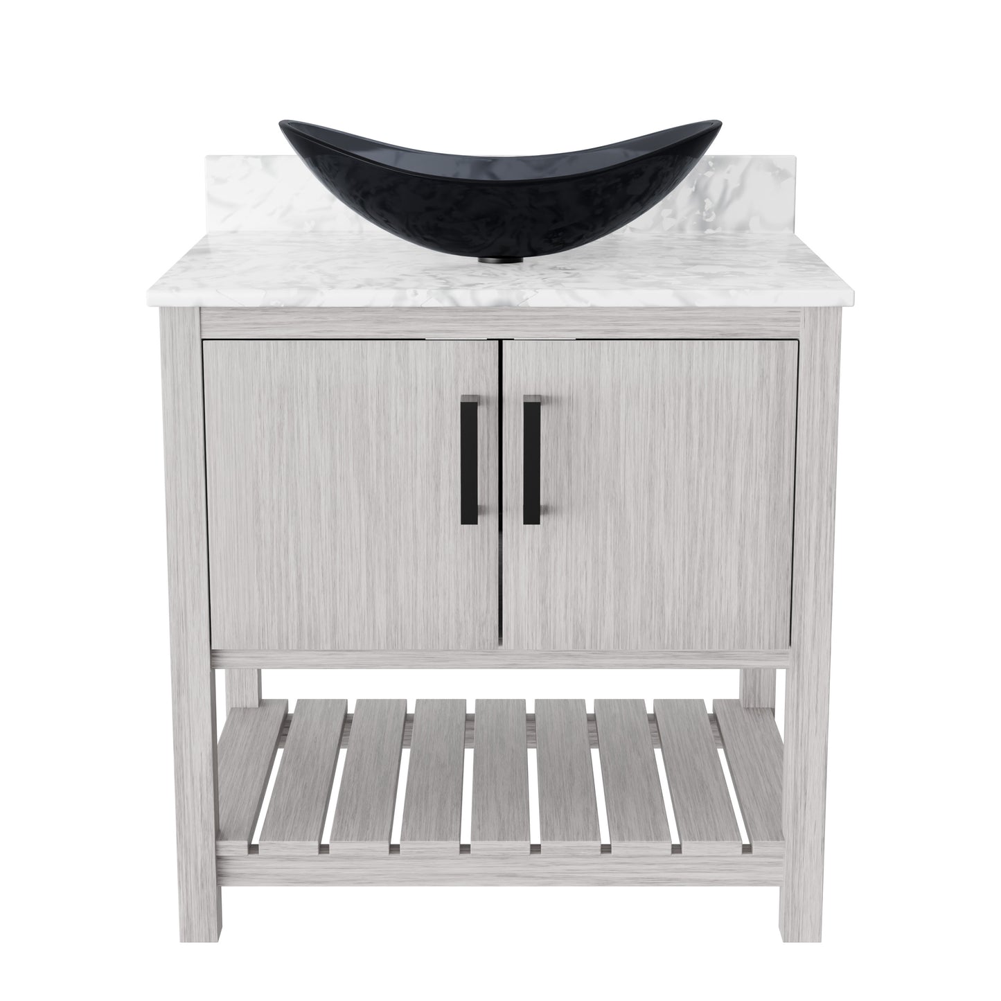 30-inch Novatto bath vanity with Carrara white marble counter and sink, featuring modern design and elegant craftsmanship.
