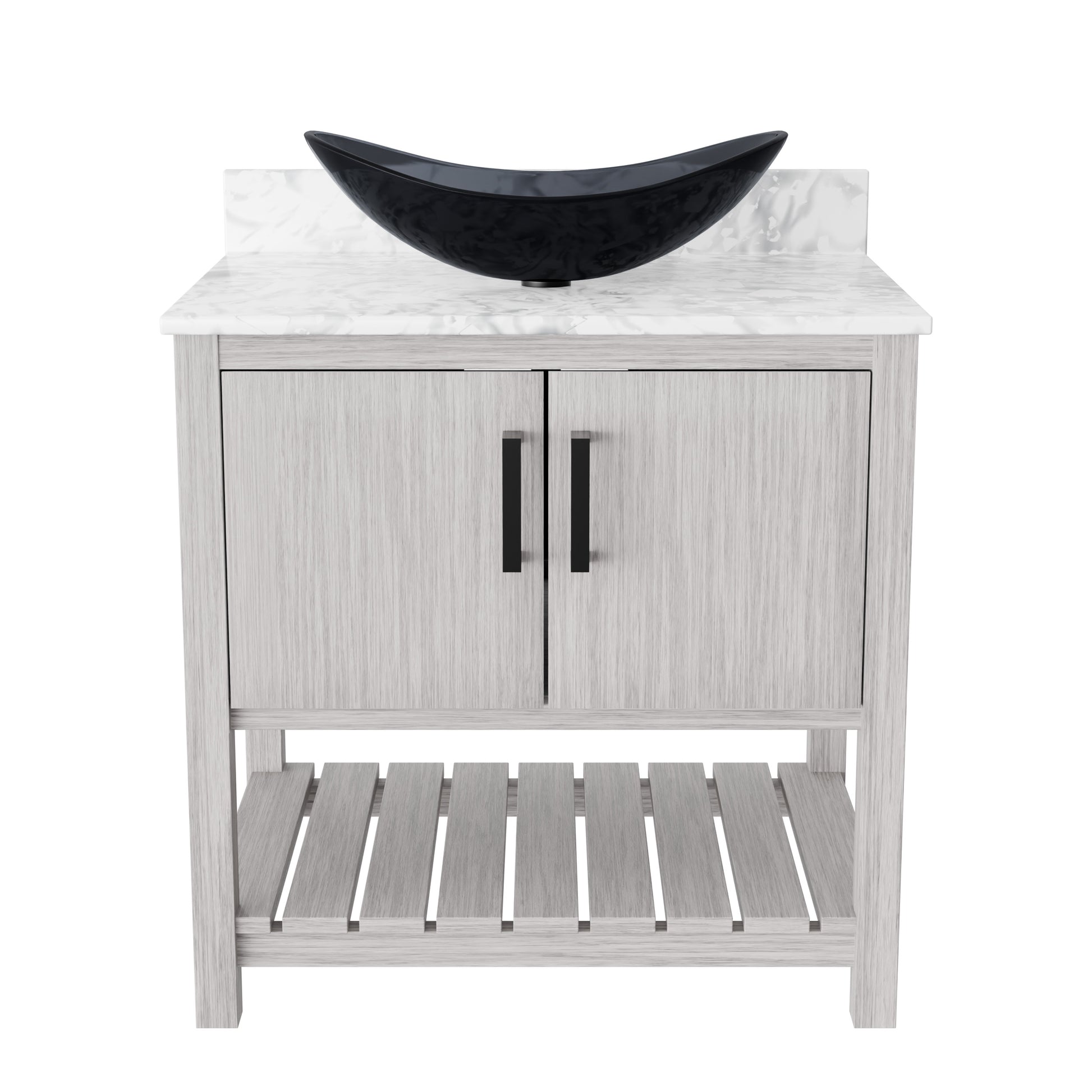 30-inch Novatto bath vanity with Carrara white marble counter and sink, featuring modern design and elegant craftsmanship.