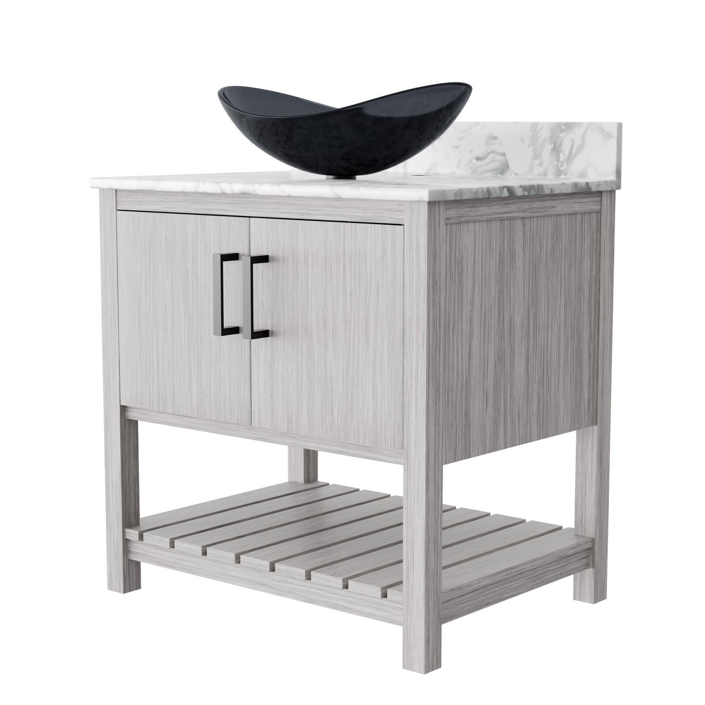 30-inch Novatto bathroom vanity with Carrara white marble counter and sink, featuring sleek modern design and storage cabinets.