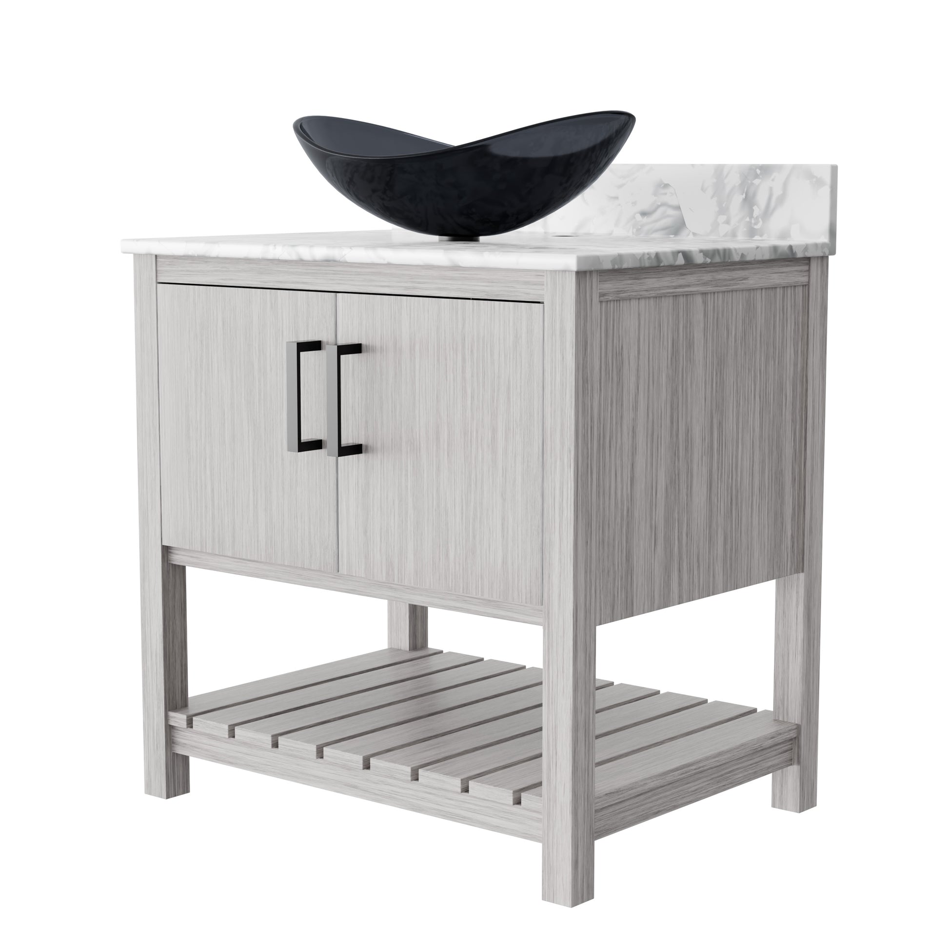 30-inch Novatto bathroom vanity with Carrara white marble counter and sink, featuring sleek modern design and storage cabinets.