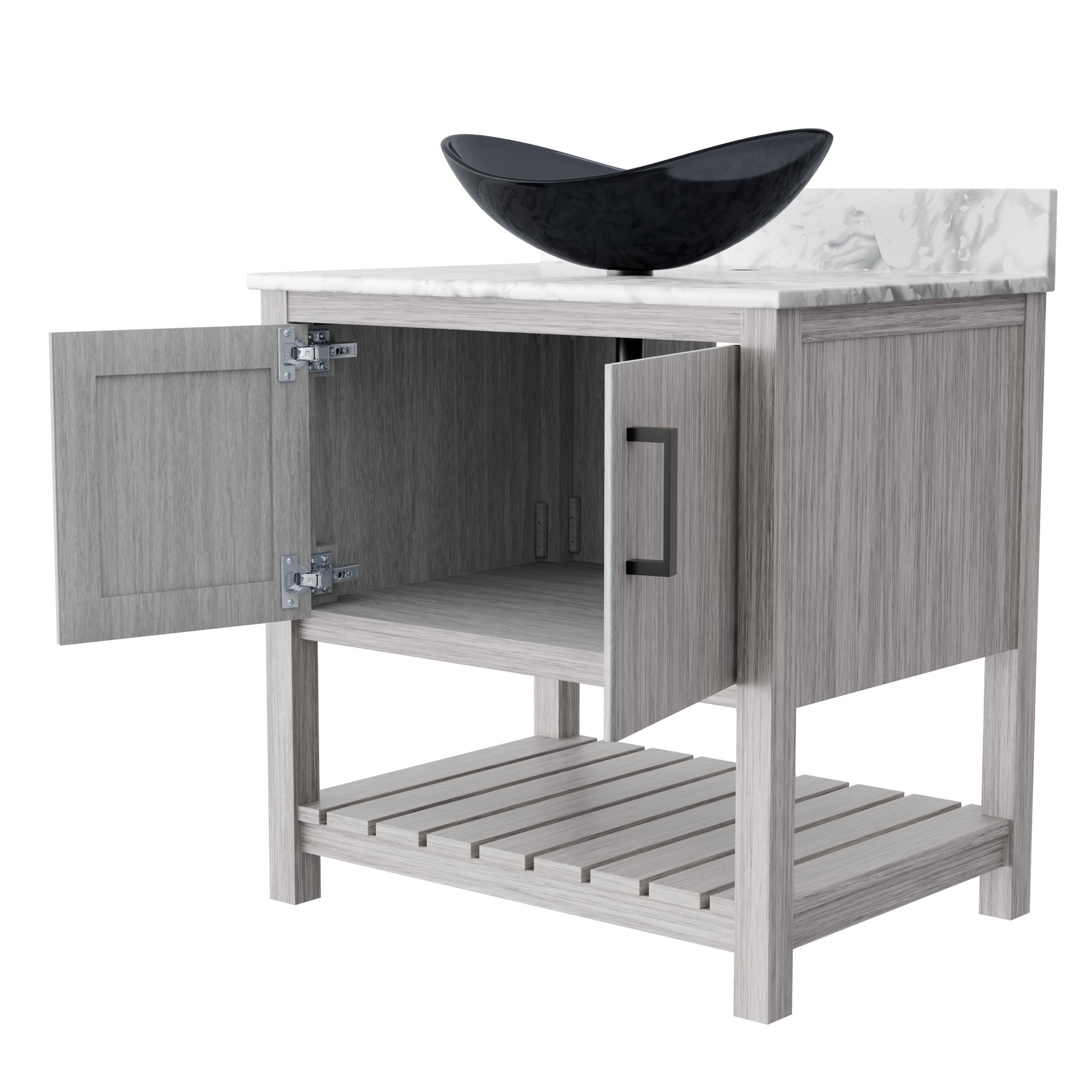 30-inch Novatto bathroom vanity with Carrara white marble countertop and sink, showcasing sleek design and elegant materials.