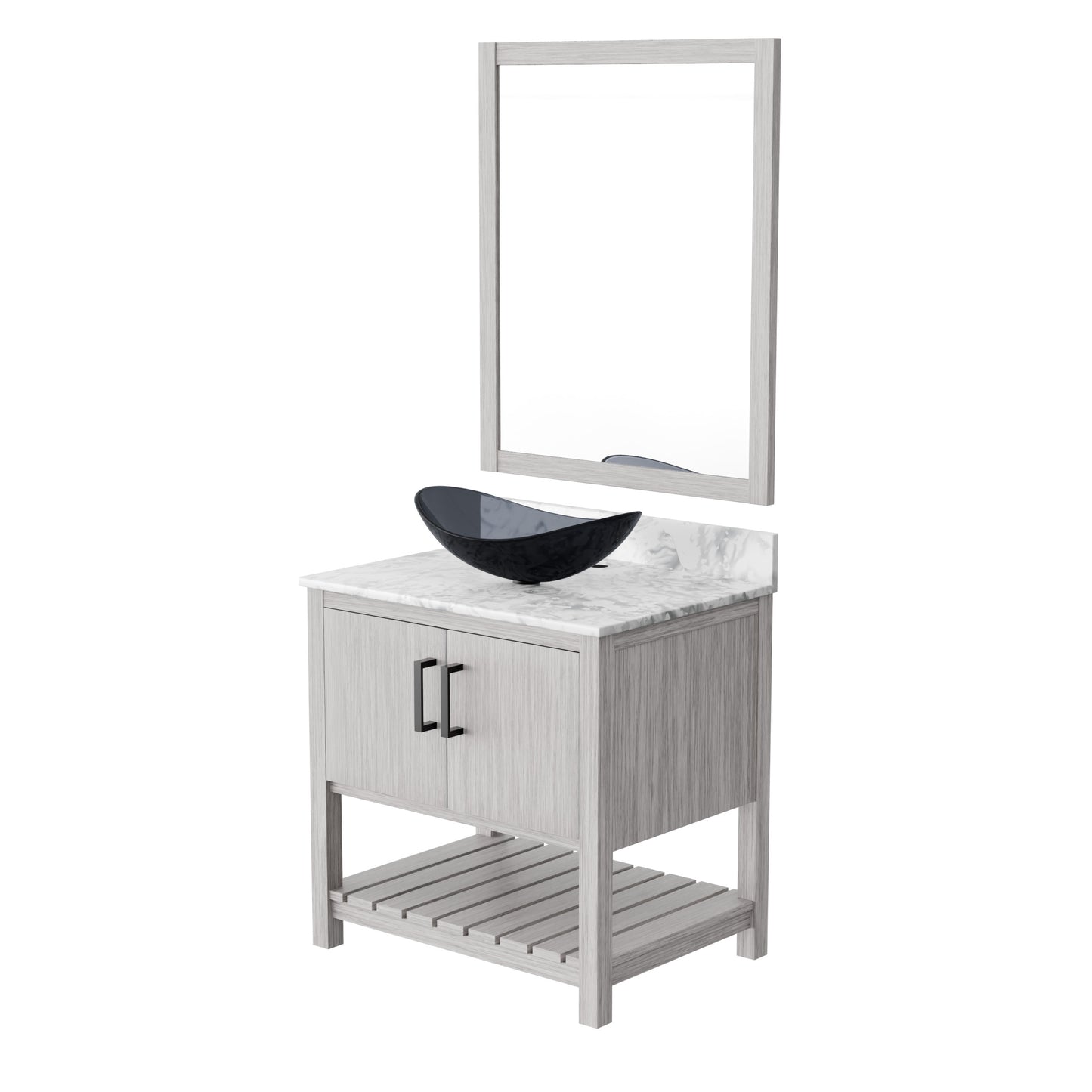 30-inch Novatto bath vanity with Carrara white marble counter and sink, modern bathroom accessory with sleek design.