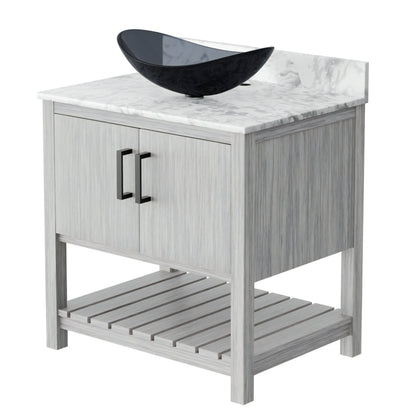 30-inch Novatto bath vanity with Carrara white marble counter and sink, featuring modern accessory design.