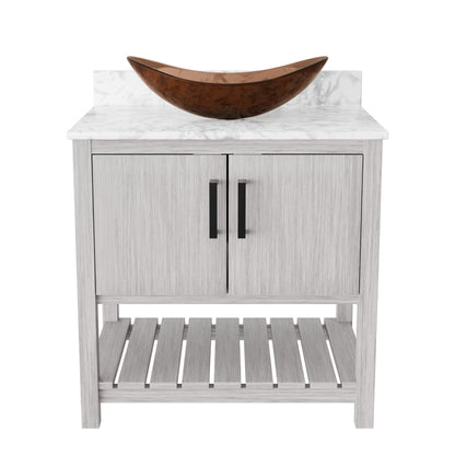 Novatto 30-inch bath vanity with Carrara white marble countertop and sink, modern bathroom accessory with sleek design.