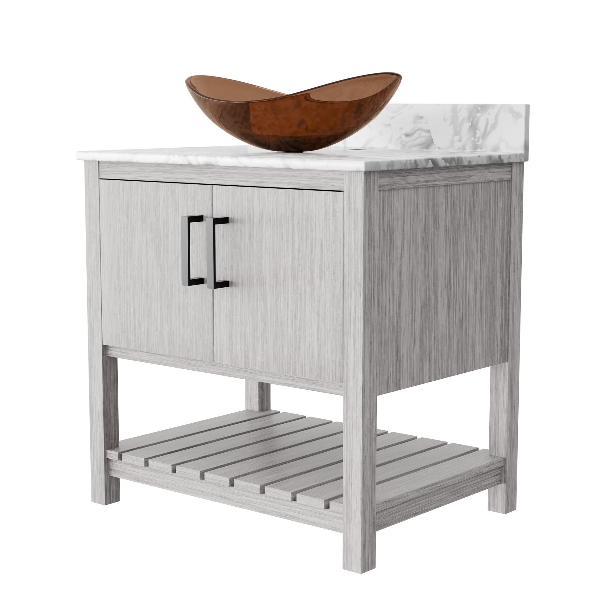 30-inch Novatto bath vanity with Carrara white marble counter and sink, showcasing the elegant bathroom accessory design.