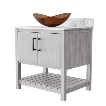 30-inch Novatto bath vanity with Carrara white marble counter and sink, showcasing the elegant bathroom accessory design.