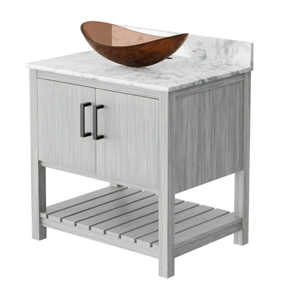 30-inch Novatto bath vanity with Carrara white marble counter and sink, featuring elegant design and polished finish.