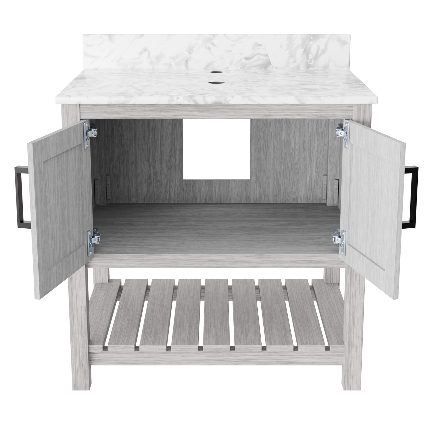 30-inch Novatto vanity with Carrara white marble counter, showcasing sleek bathroom accessory with elegant marble surface.