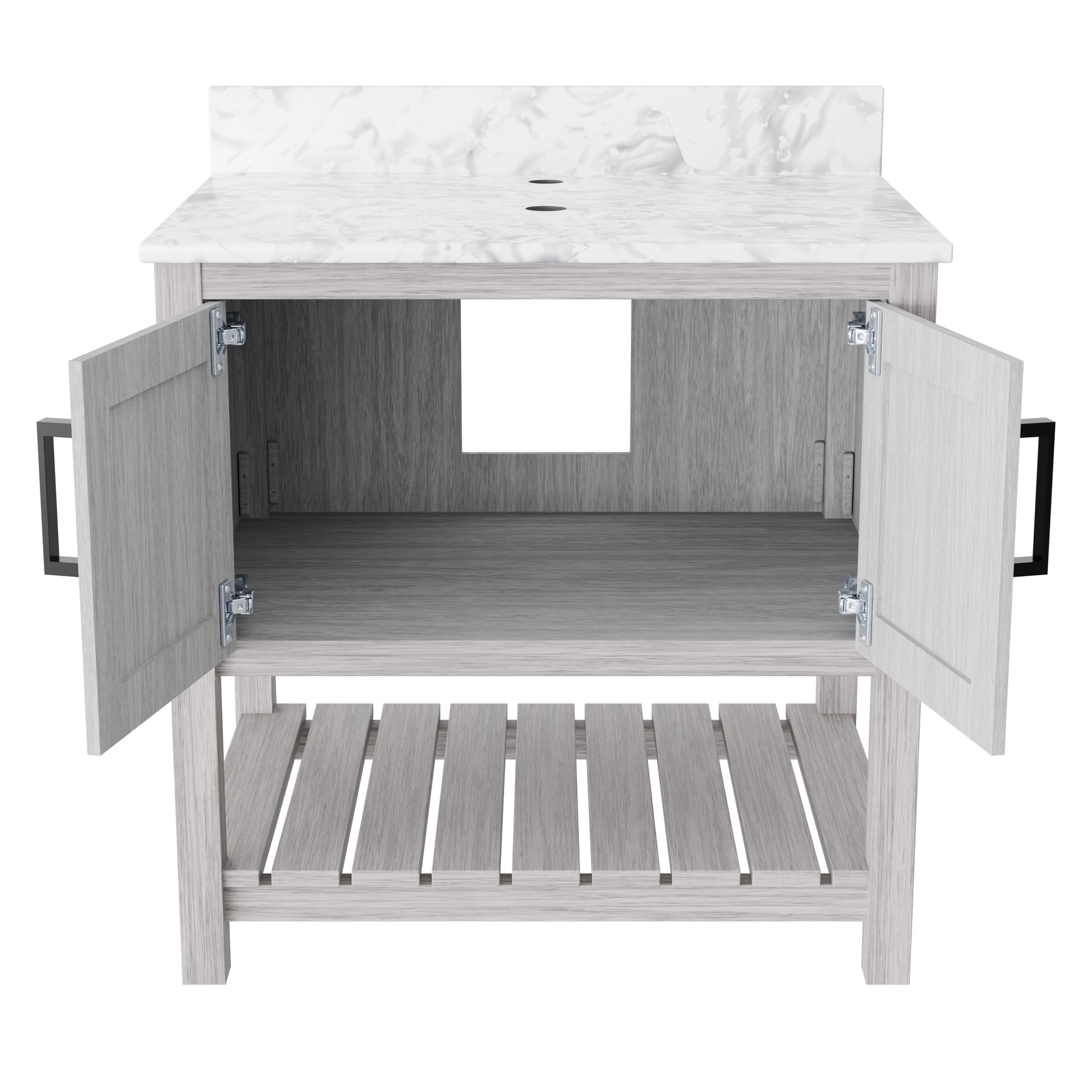 30-inch Novatto vanity with Carrara white marble counter, showcasing sleek bathroom accessory with elegant marble surface.