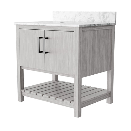 30-inch Novatto vanity with Carrara white marble countertop, showcasing a sleek bathroom accessory with modern design.