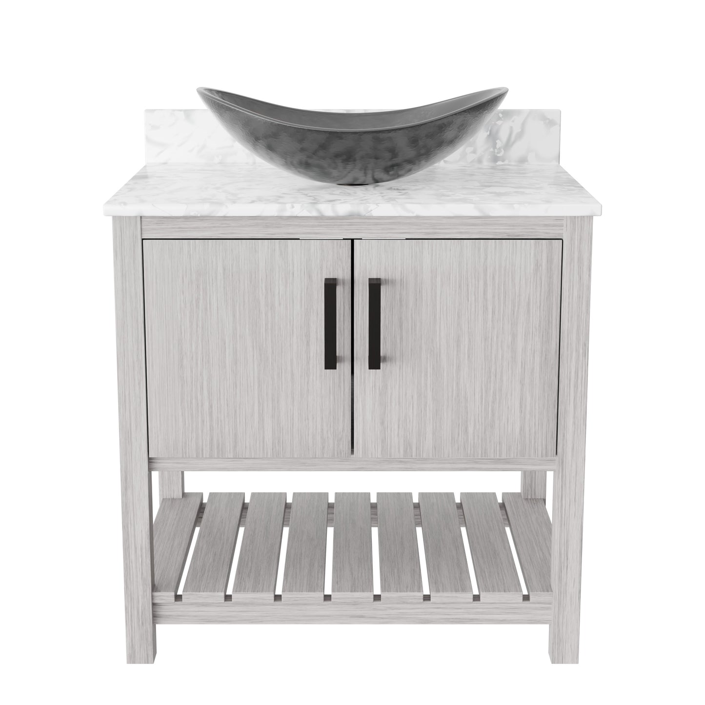 30-inch Novatto bath vanity with Carrara white marble counter and integrated sink, showcasing elegant bathroom accessory design.