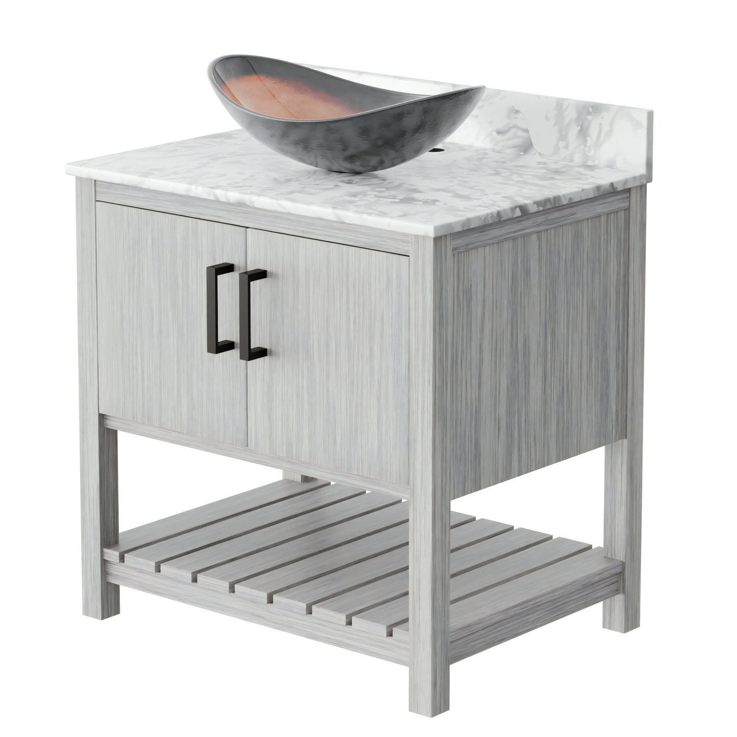 Novatto 30-inch bath vanity with Carrara white marble countertop and integrated sink, showcasing a modern bathroom accessory.