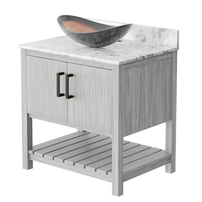 Novatto 30-inch bath vanity with Carrara white marble countertop and integrated sink, showcasing a modern bathroom accessory.