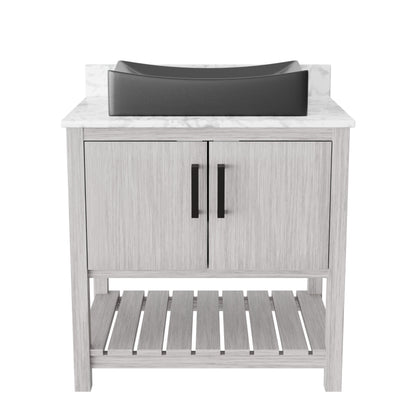 30-inch Novatto bath vanity with Carrara white marble countertop and integrated sink, showcasing elegant bathroom accessory design.