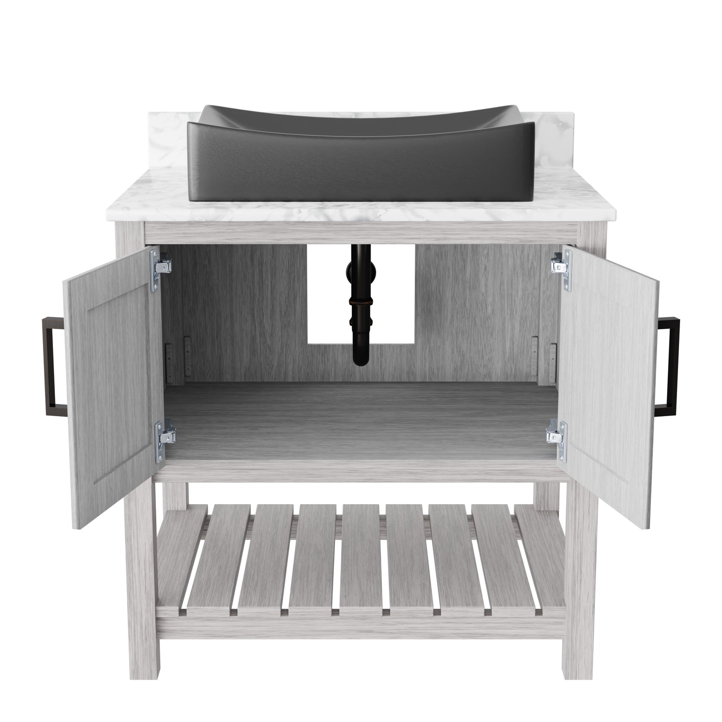 Novatto 30-inch bath vanity with Carrara white marble countertop and sink, modern bathroom accessory with sleek design.