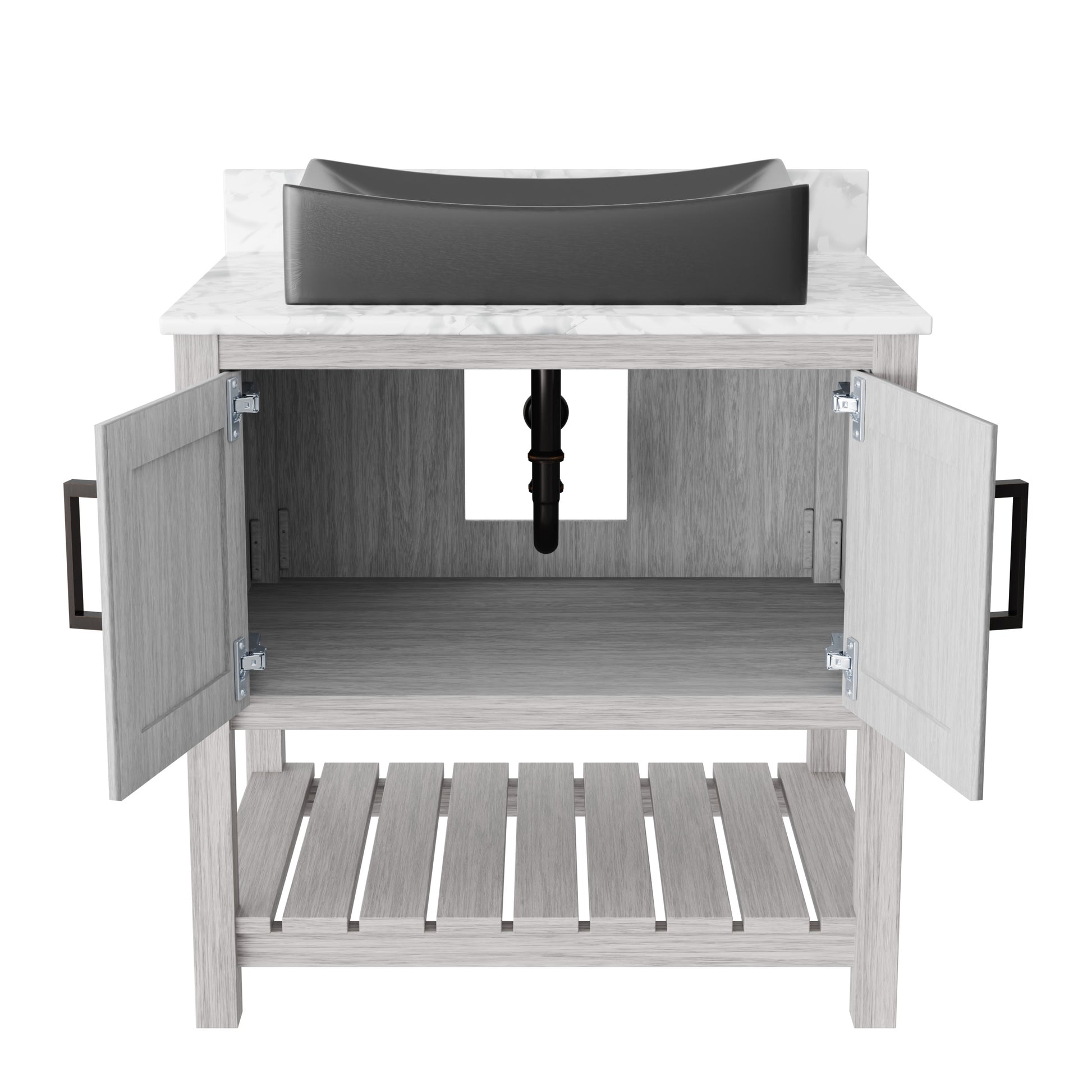 Novatto 30-inch bath vanity with Carrara white marble countertop and sink, modern bathroom accessory with sleek design.