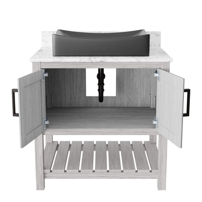 Novatto 30-inch bath vanity with Carrara white marble countertop and sink, modern bathroom accessory with sleek design.