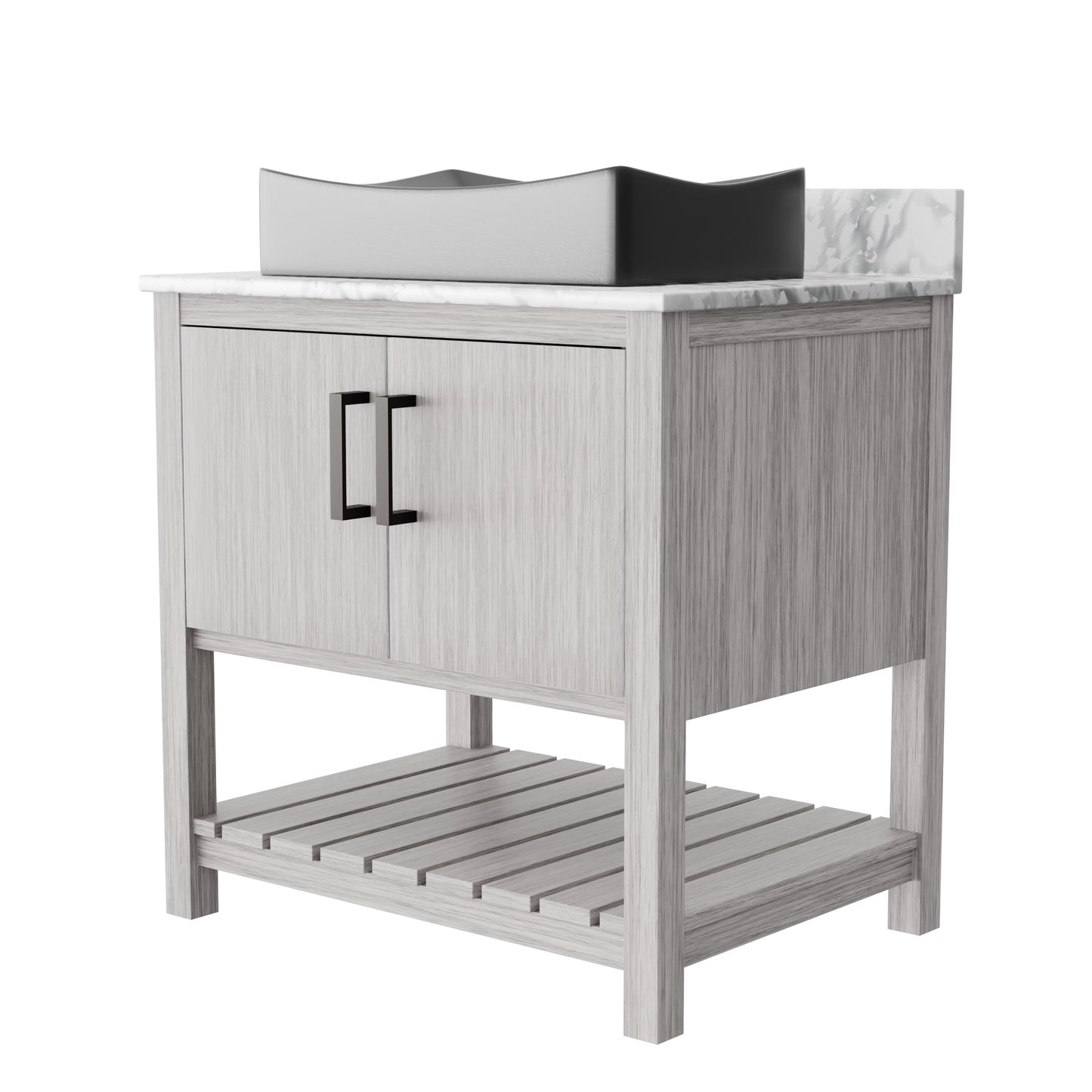 30-inch Novatto bath vanity with Carrara white marble counter and sink, showcasing sleek bathroom accessory design.