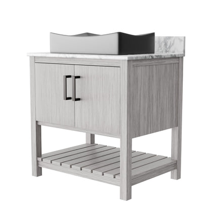 30-inch Novatto bath vanity with Carrara white marble counter and sink, showcasing sleek bathroom accessory design.