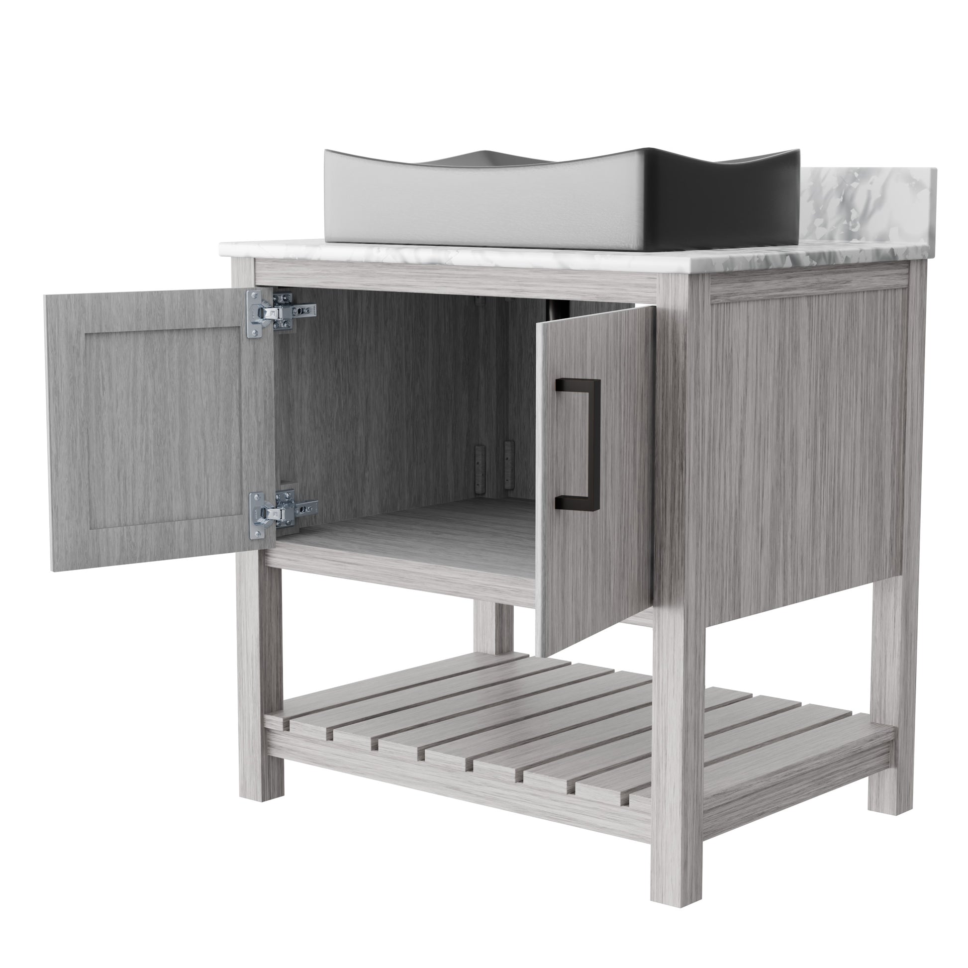 30-inch Novatto bath vanity with Carrara white marble counter and sink, showcasing elegant bathroom accessory design.