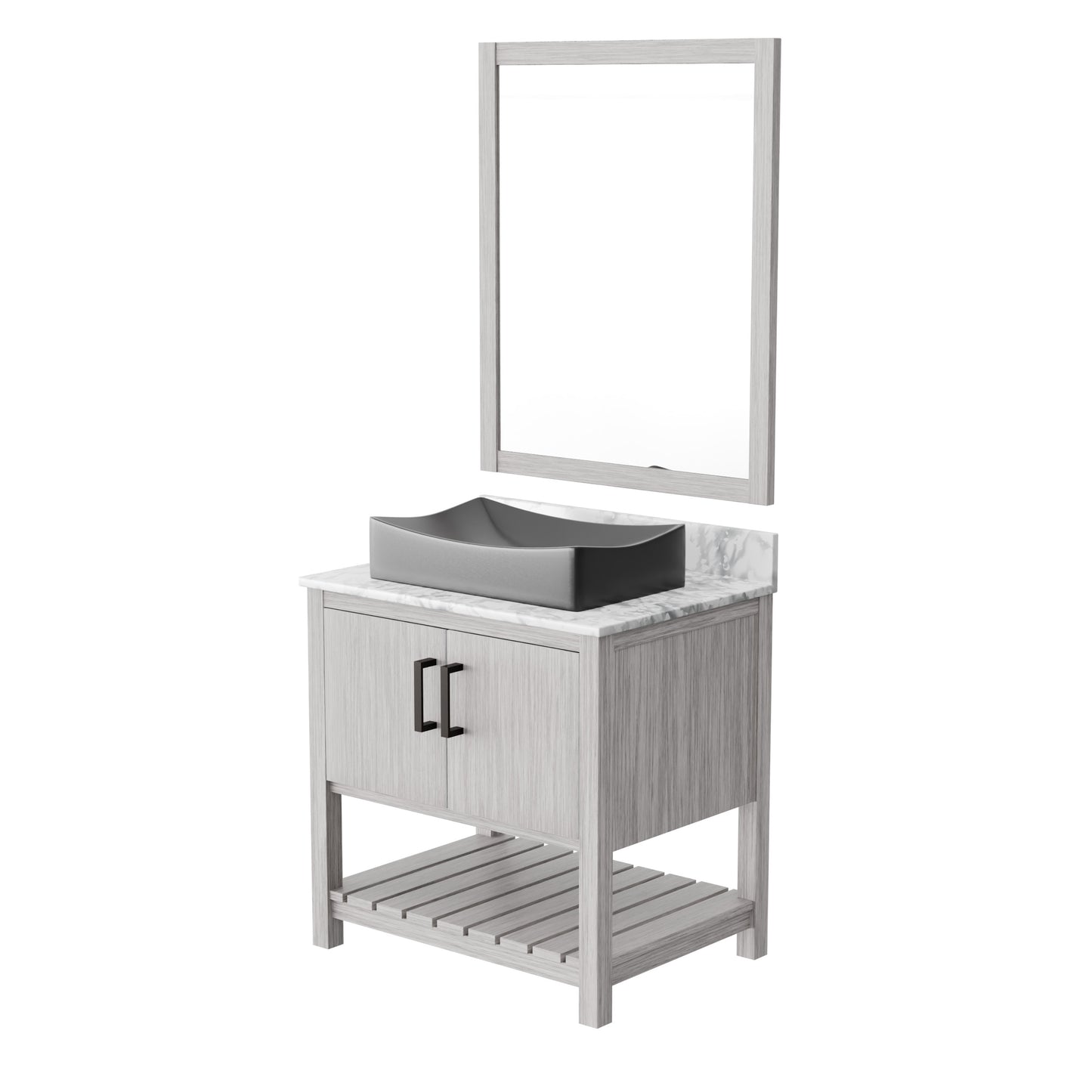 30-inch Novatto bathroom vanity with Carrara white marble counter and sink, shown with modern faucet and cabinetry.