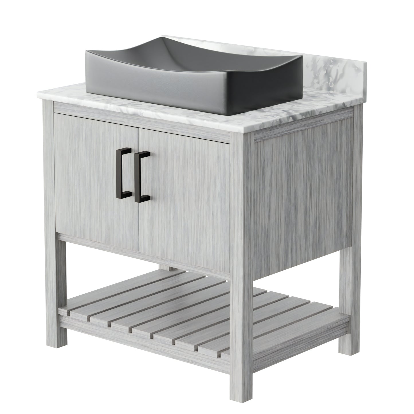 30-inch Novatto bath vanity with Carrara white marble counter and integrated sink, showcasing a sleek bathroom accessory.