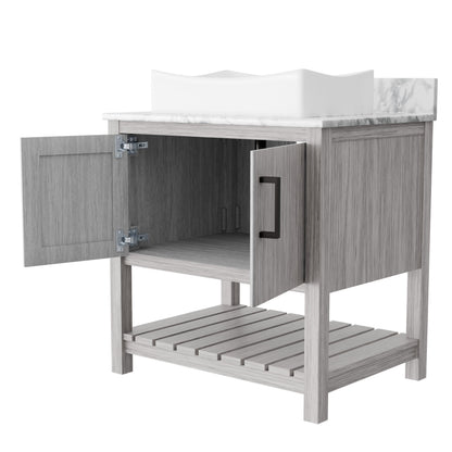 Novatto 30-inch bath vanity with Carrara white marble countertop and integrated sink, modern bathroom accessory.