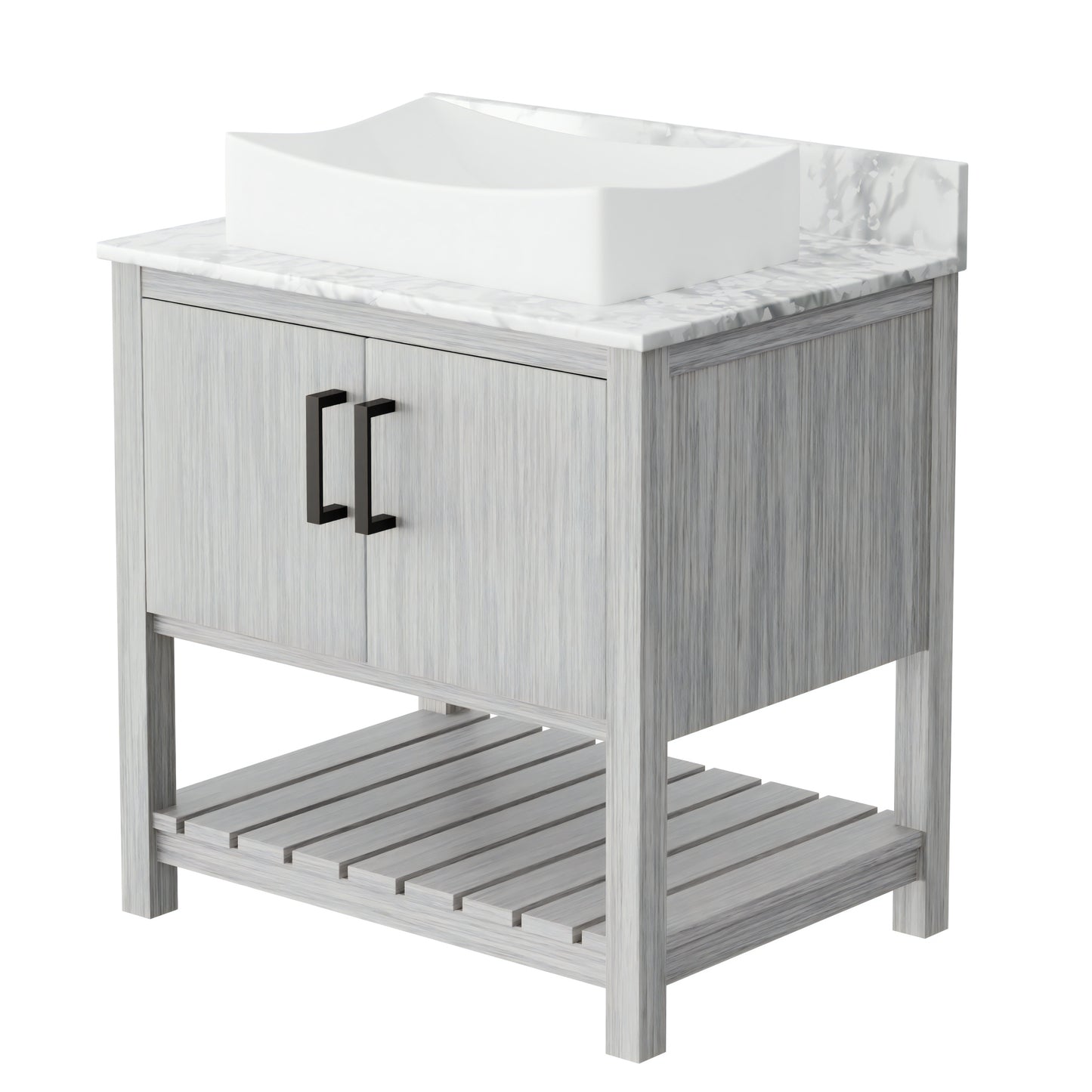 30-inch Novatto bath vanity with Carrara white marble counter and integrated sink, showcasing sleek modern bathroom accessory.