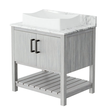 30-inch Novatto bath vanity with Carrara white marble counter and integrated sink, showcasing sleek modern bathroom accessory.