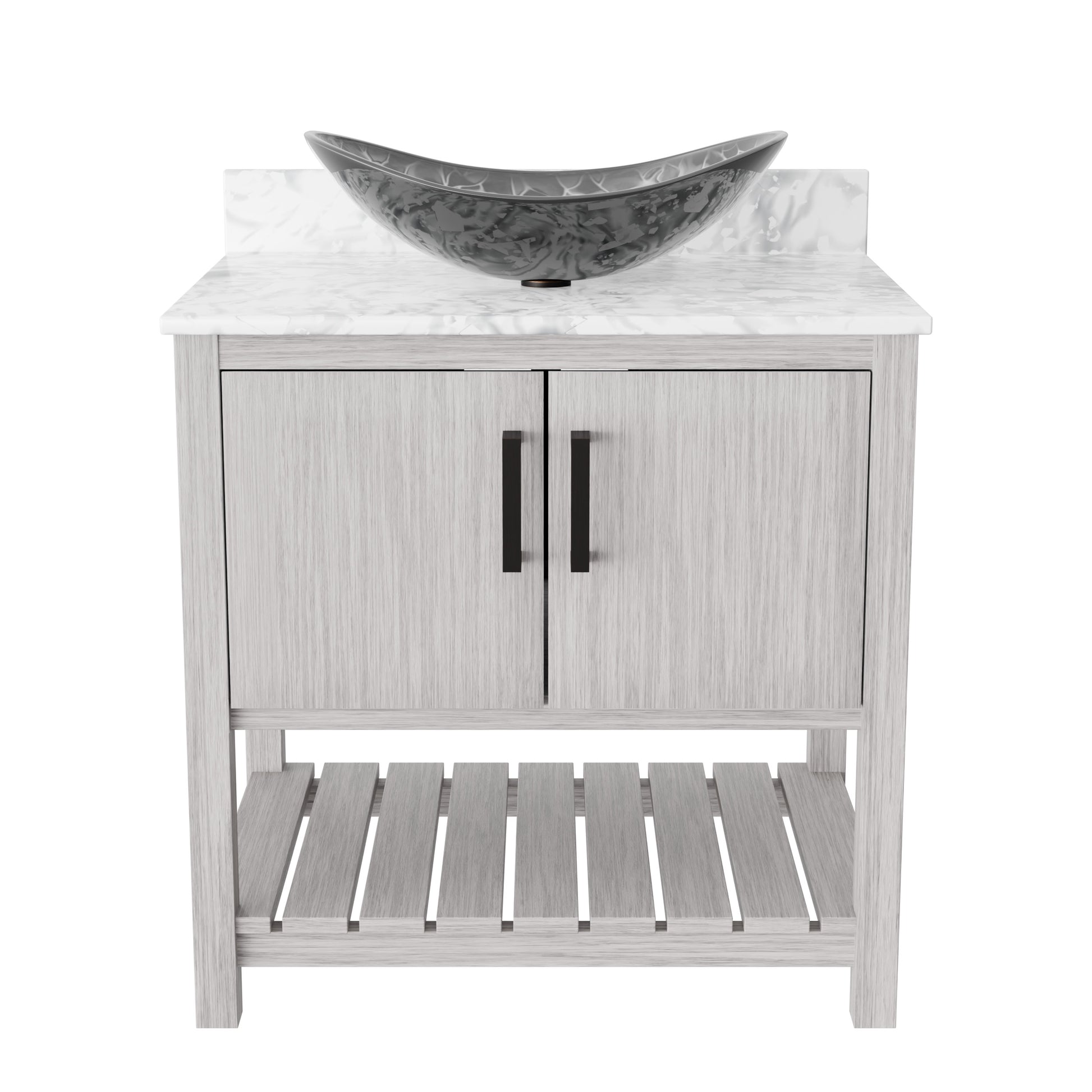 30-inch Novatto bath vanity with Carrara white marble counter and sink, modern bathroom accessory with sleek design