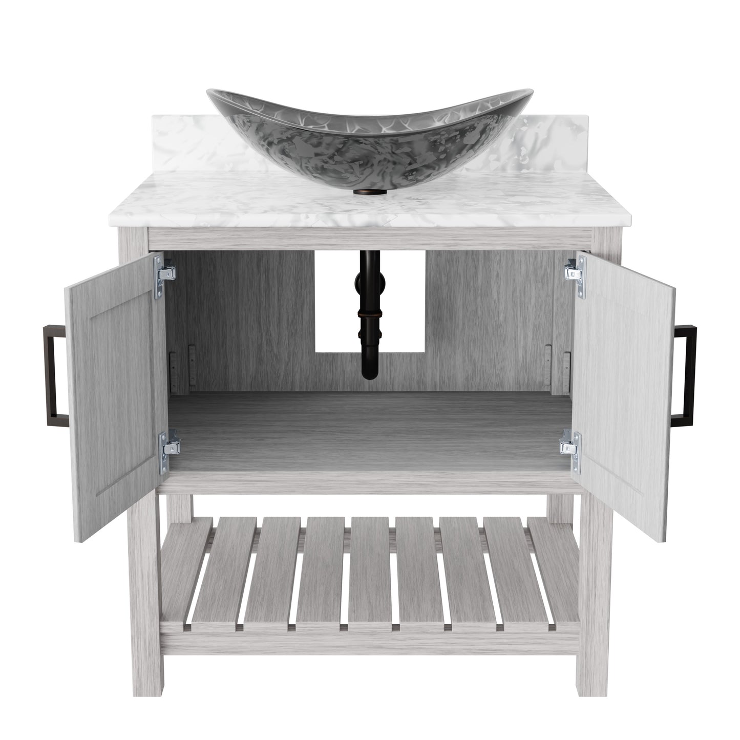 30-inch Novatto bath vanity with Carrara white marble counter and sink, showcasing elegant bathroom accessory design.