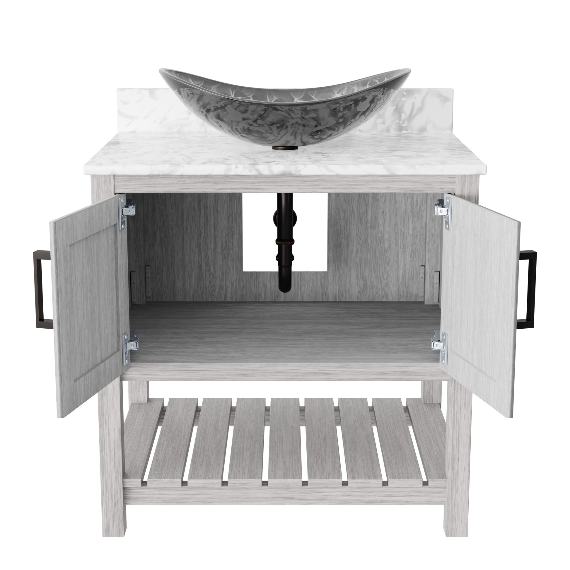 30-inch Novatto bath vanity with Carrara white marble counter and sink, showcasing elegant bathroom accessory design.