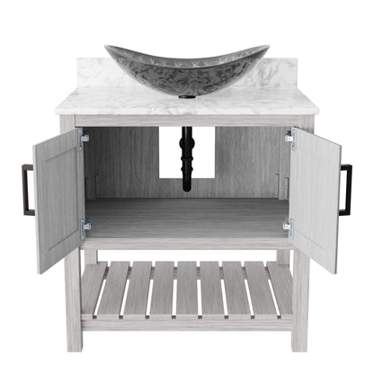 30-inch Novatto bath vanity with Carrara white marble counter and sink, showcasing elegant bathroom accessory design.