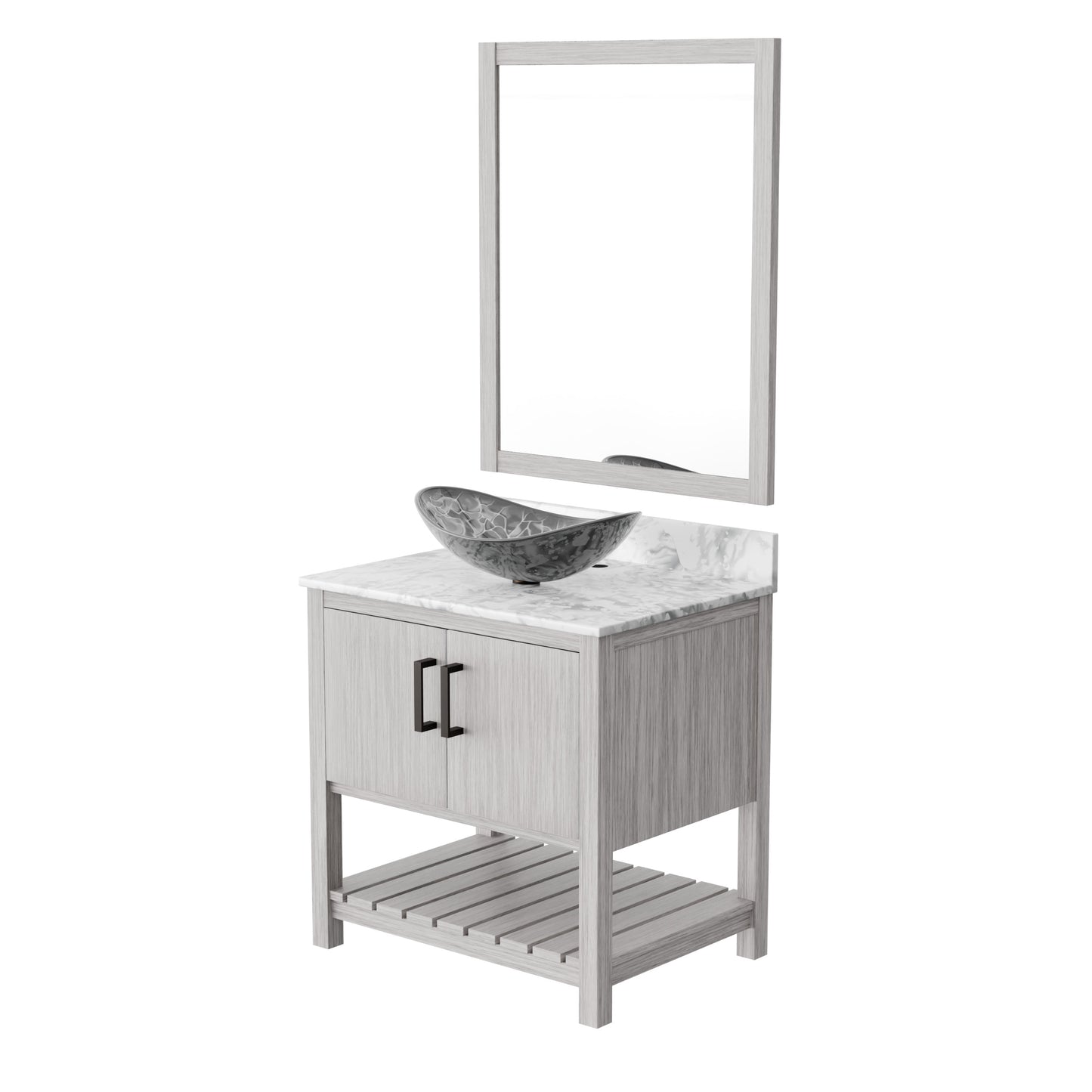 30-inch Novatto bath vanity with Carrara white marble countertop and sink, showcasing elegant bathroom accessory design.