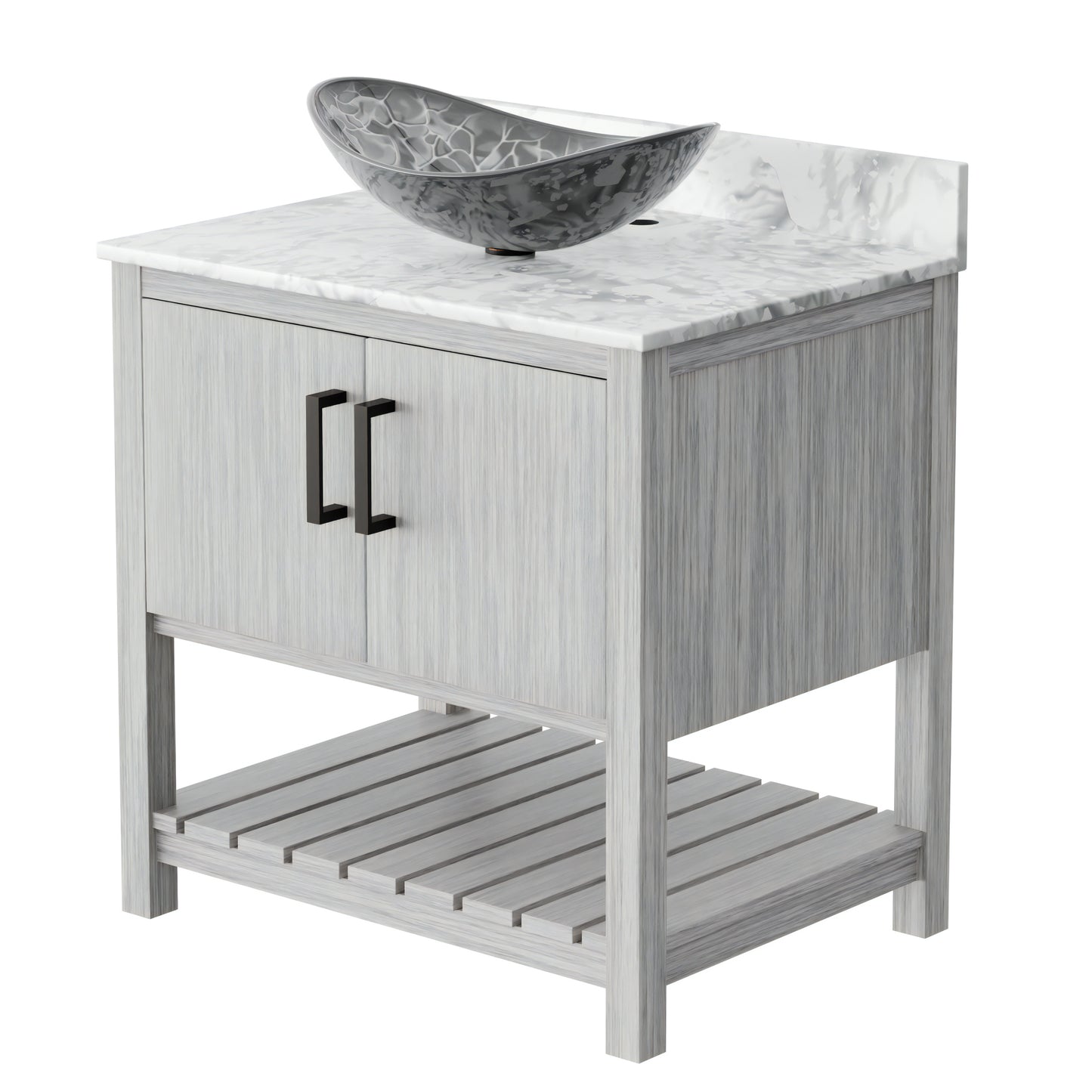 30-inch Novatto bath vanity with Carrara white marble countertop and sink, showcasing elegant bathroom accessory design.