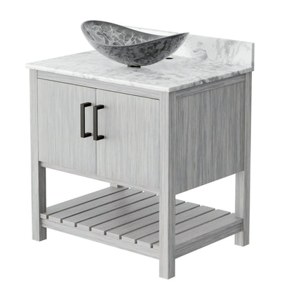 30-inch Novatto bath vanity with Carrara white marble countertop and sink, showcasing elegant bathroom accessory design.