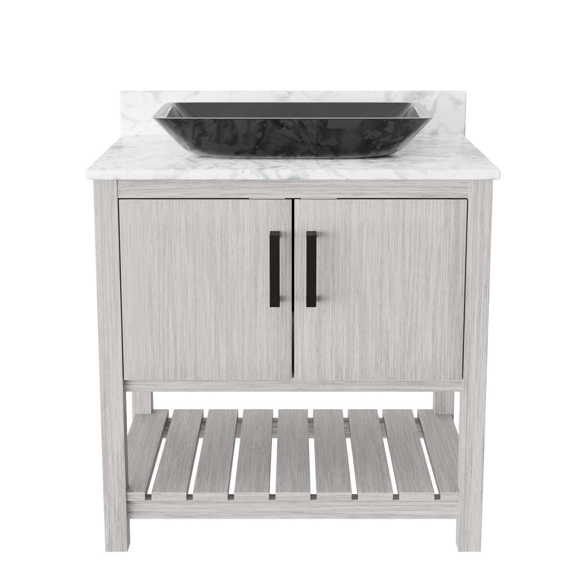 30-inch Novatto bath vanity with Carrara white marble countertop and sink, showcasing elegant bathroom accessory design.