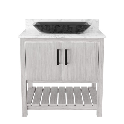 30-inch Novatto bath vanity with Carrara white marble countertop and sink, showcasing elegant bathroom accessory design.