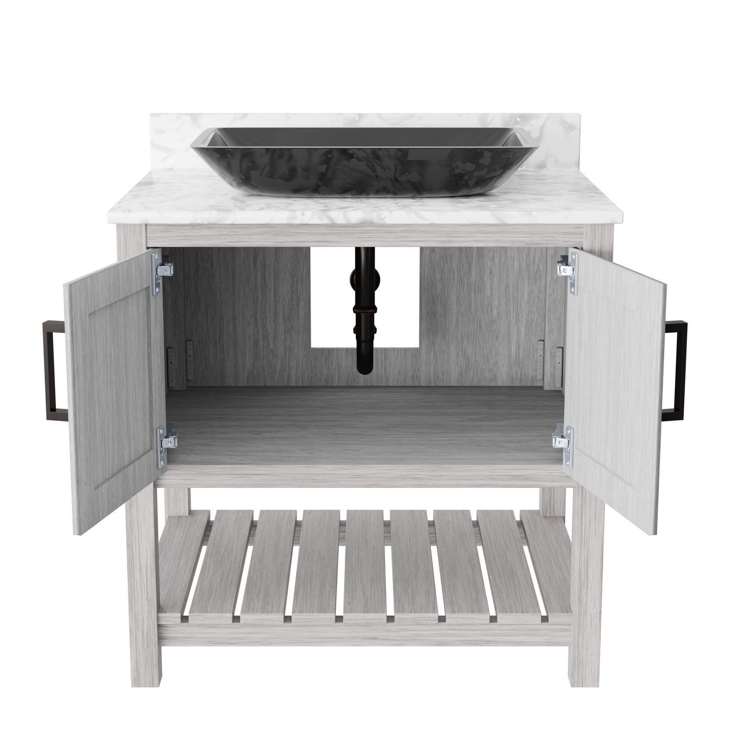 30-inch Novatto bath vanity with Carrara white marble countertop and integrated sink, modern bathroom accessory.