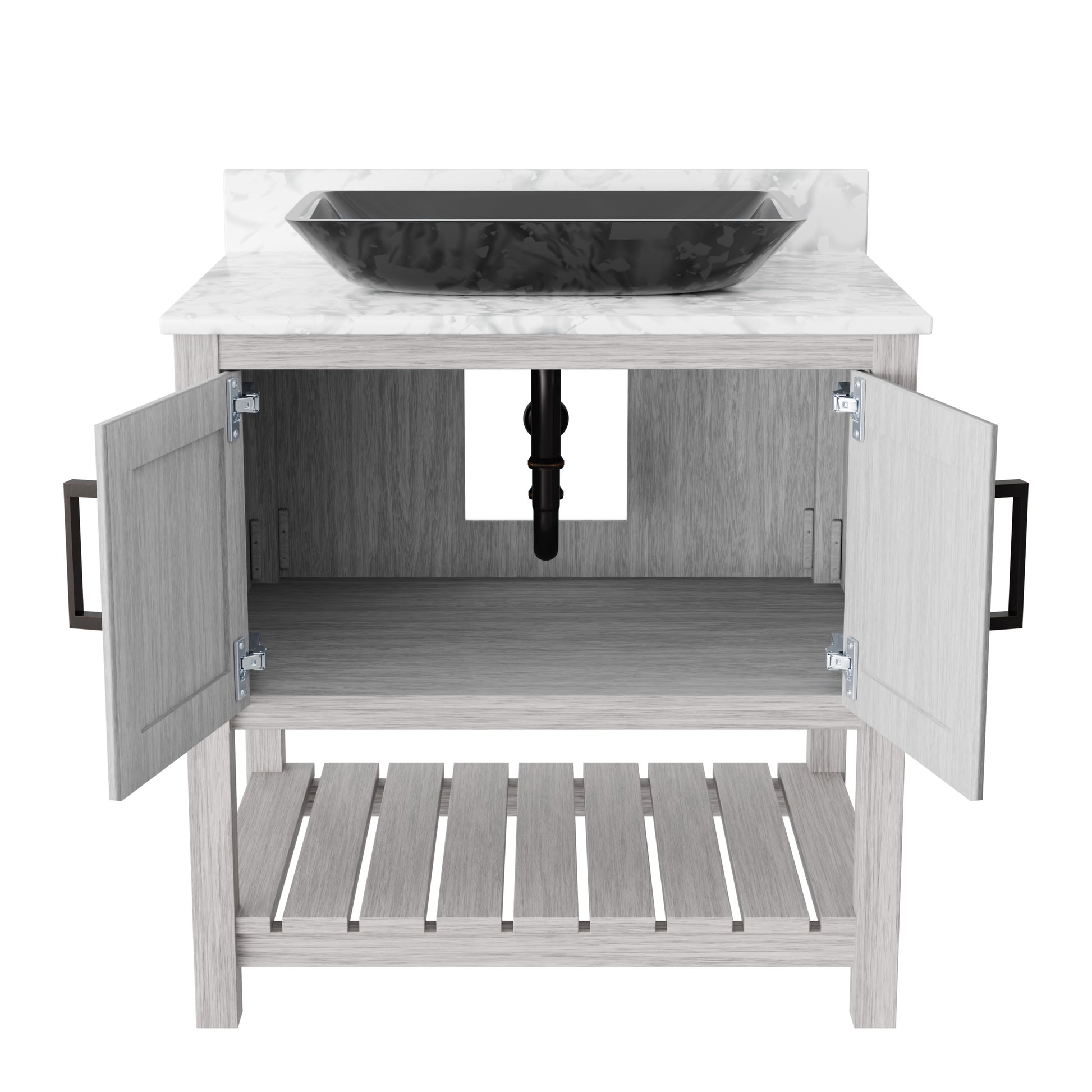 30-inch Novatto bath vanity with Carrara white marble countertop and integrated sink, modern bathroom accessory.