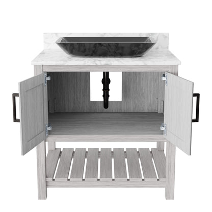 30-inch Novatto bath vanity with Carrara white marble countertop and integrated sink, modern bathroom accessory.