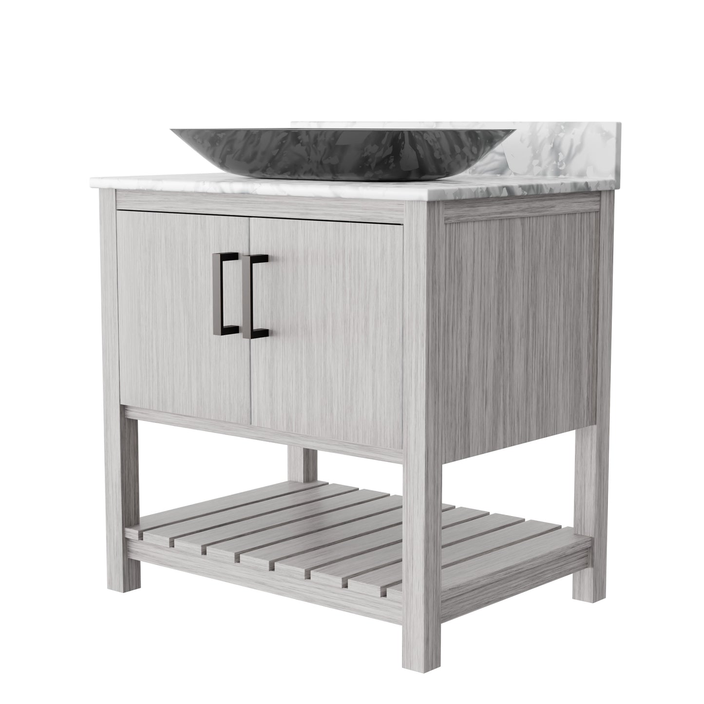 30-inch Novatto bath vanity with Carrara white marble counter and sink, showcasing elegant bathroom accessory design.