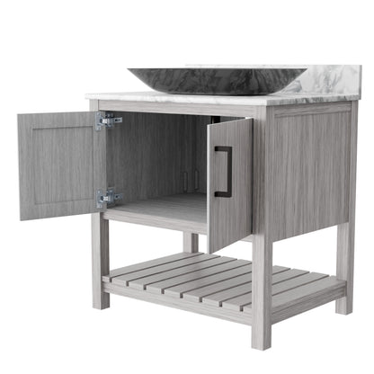 30-inch Novatto bath vanity with Carrara white marble counter and sink, showcasing modern bathroom accessory design.
