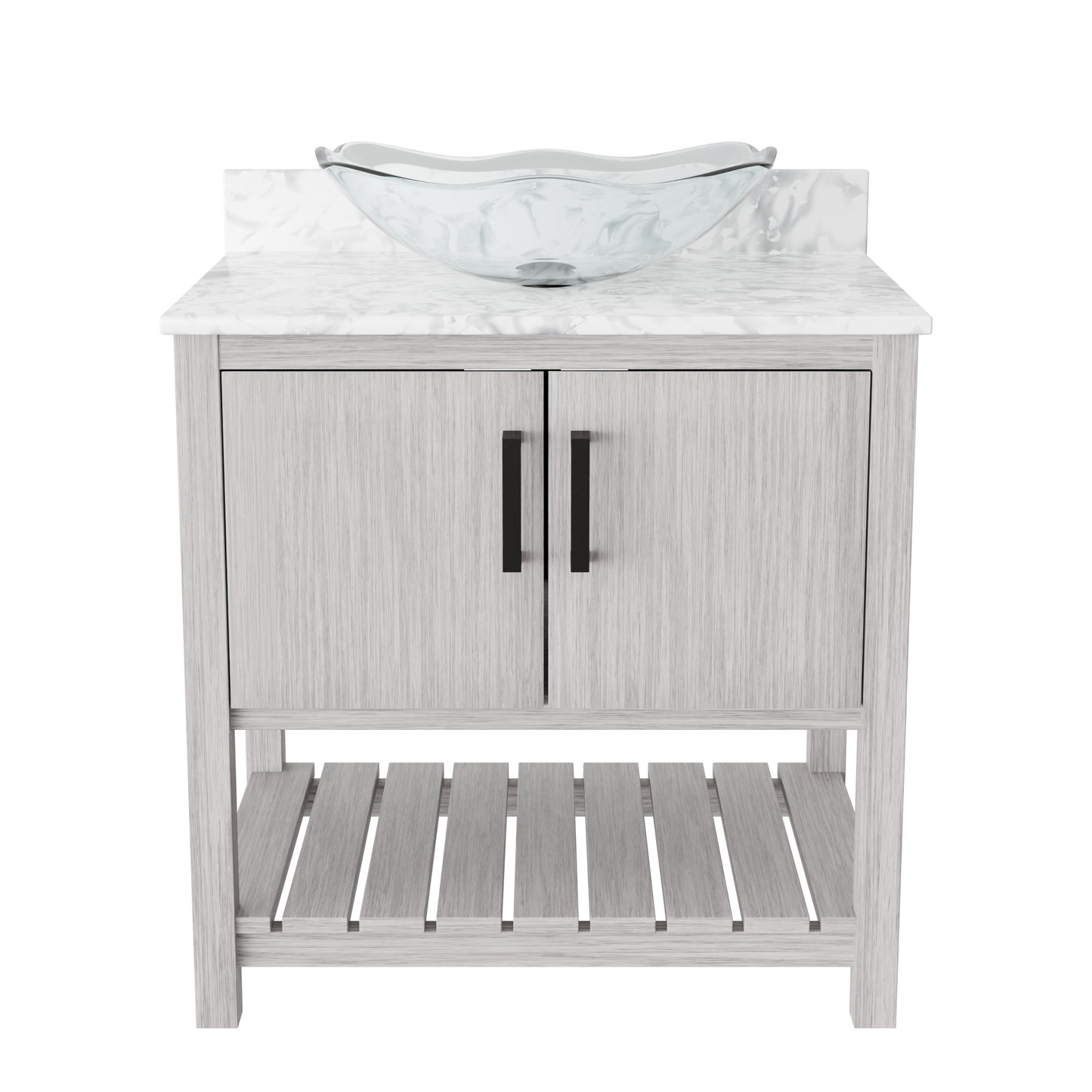 Novatto 30-inch bath vanity with Carrara white marble counter and sink, featuring classic design and elegant surface.