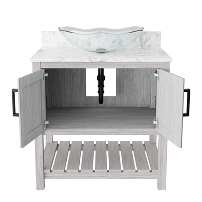 30-inch Novatto bath vanity with Carrara white marble countertop and sink, showcasing the elegant accessory design.