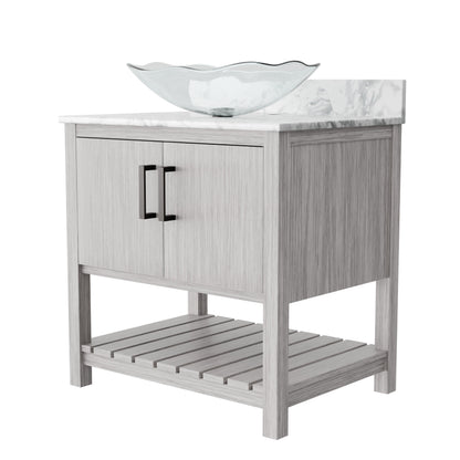 30-inch Novatto bath vanity with Carrara white marble countertop and integrated sink, showcasing elegant bathroom accessory design.