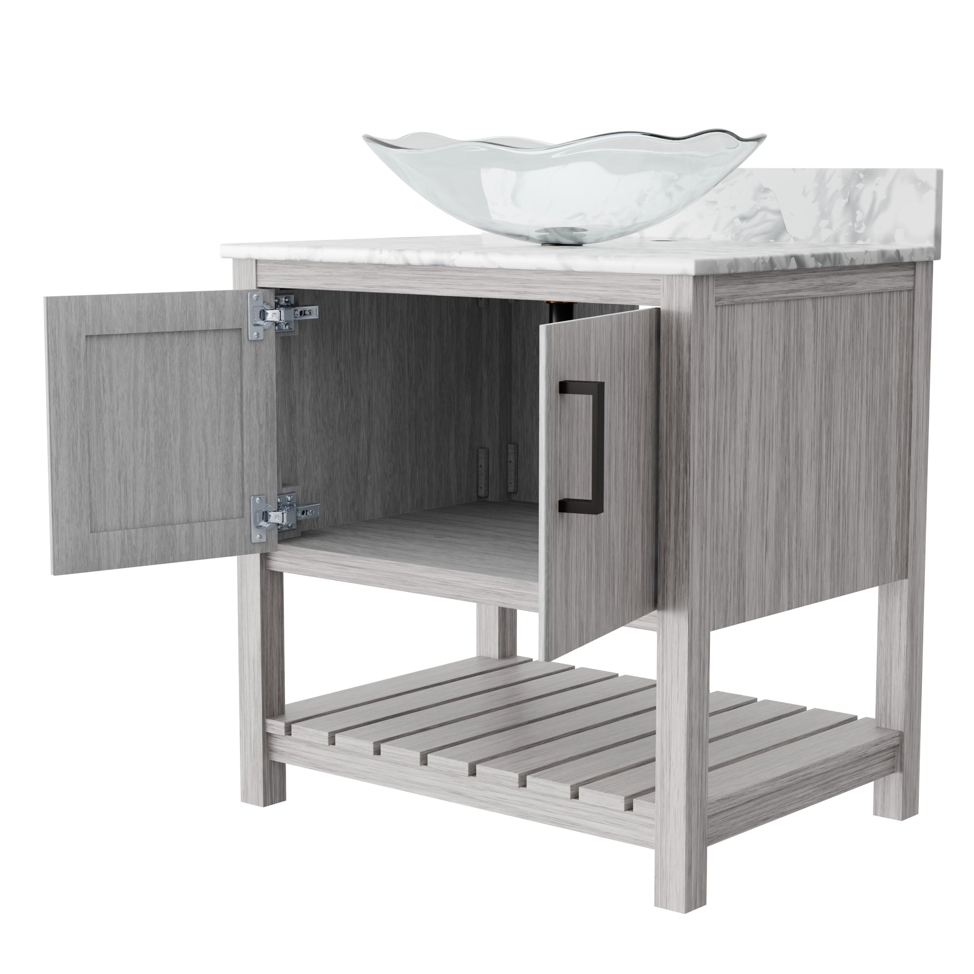 30-inch Novatto bathroom vanity with Carrara white marble countertop and sink, showcasing elegant bathroom accessory design.