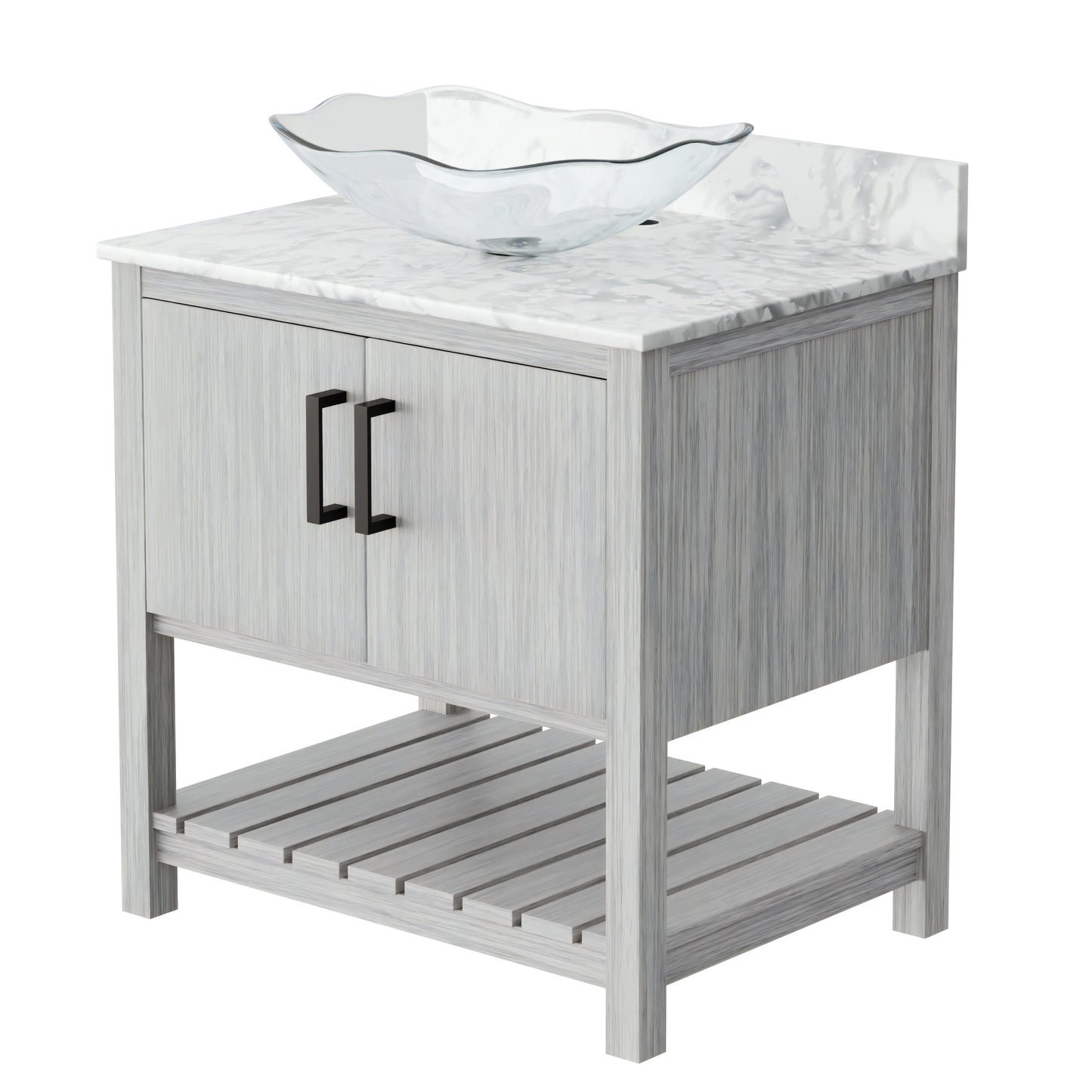 30-inch Novatto bath vanity with Carrara white marble counter and integrated sink, showcasing elegant bathroom accessory design.