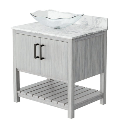 30-inch Novatto bath vanity with Carrara white marble counter and integrated sink, showcasing elegant bathroom accessory design.